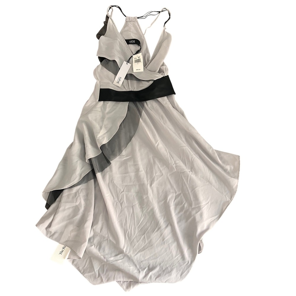 NEW CUT25 Yigal Azrouel Smoke Grey Ruffle‎ Mesh Leather Trim Maxi Dress Sz 6 NWT